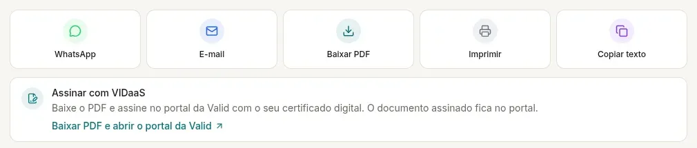 Opções WhatsApp, E-mail, Baixar PDF, Imprimir e Copiar texto e, abaixo, o cartão Assinar com VIDaaS com o link Baixar PDF e abrir o portal da Valid