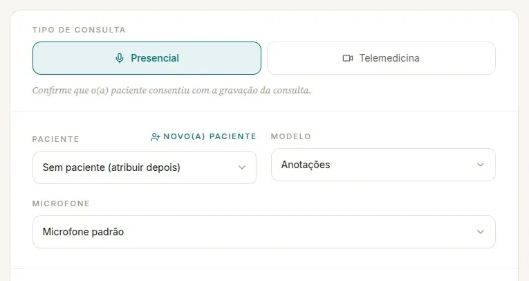 Parte de cima do cartão de gravação, com Tipo de consulta e os campos Paciente, Modelo, com Anotações selecionado, e Microfone