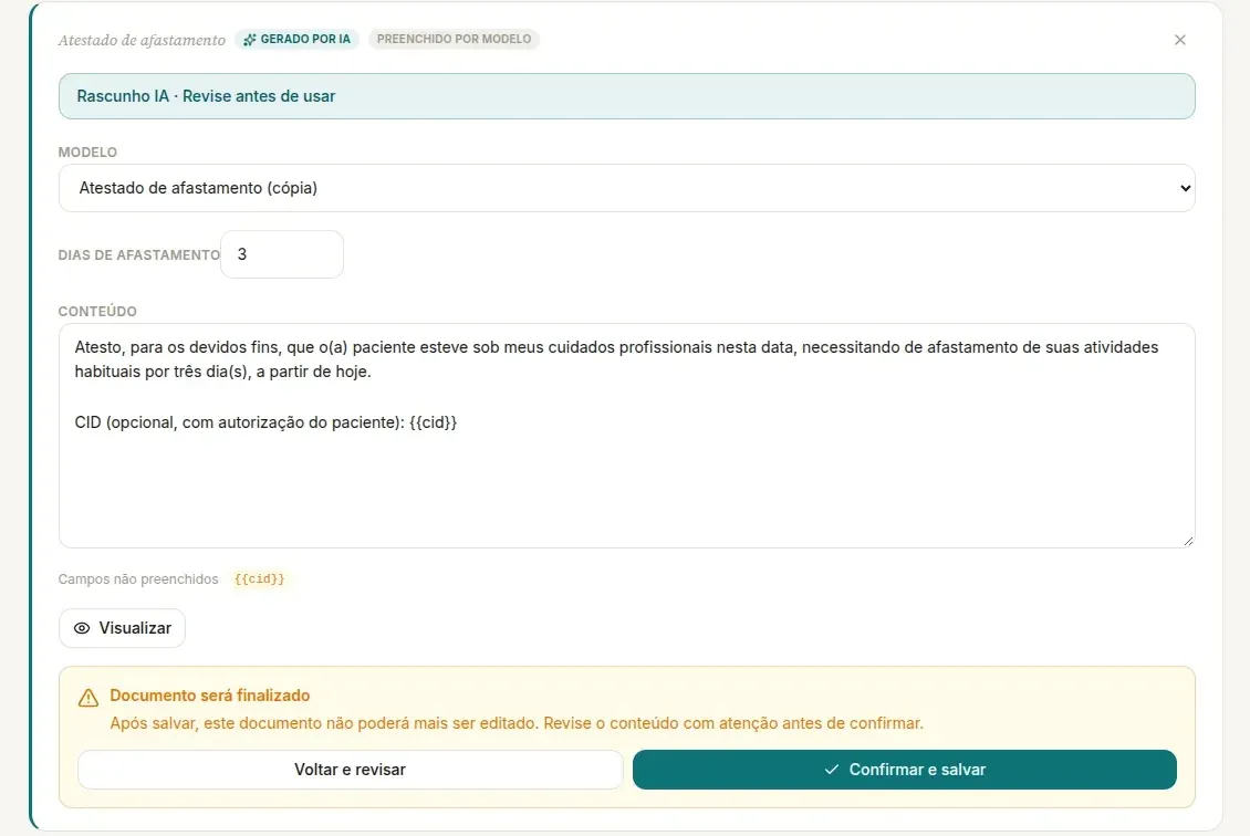 Editor do Atestado de afastamento no computador, com a faixa Rascunho IA · Revise antes de usar, o seletor Modelo, o campo Dias de afastamento, o Conteúdo, o botão Visualizar e o aviso Documento será finalizado com os botões Voltar e revisar e Confirmar e salvar