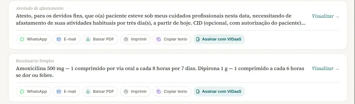 Atestado de afastamento e Receituário Simples salvos na seção Documentos do computador, cada um com o link Visualizar → e os botões WhatsApp, E-mail, Baixar PDF, Imprimir, Copiar texto e Assinar com VIDaaS
