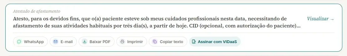Cartão do Atestado de afastamento na seção Documentos do computador, com o começo do texto, o link Visualizar → e os botões WhatsApp, E-mail, Baixar PDF, Imprimir, Copiar texto e Assinar com VIDaaS