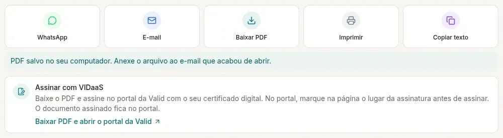 Botões WhatsApp, E-mail, Baixar PDF, Imprimir e Copiar texto na janela do documento no computador, com o aviso de PDF salvo e de anexar o arquivo ao e-mail logo abaixo