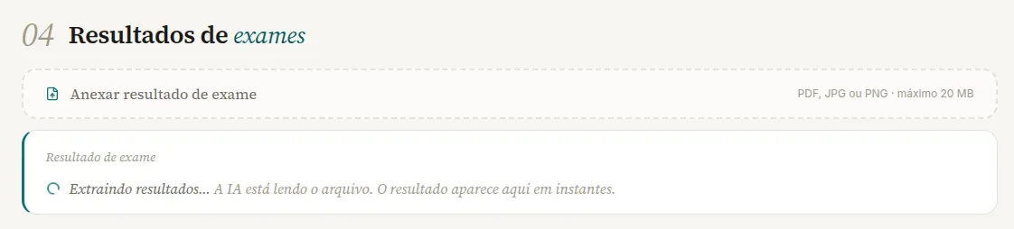 Seção Resultados de exames com o cartão Resultado de exame em Extraindo resultados… e o aviso A IA está lendo o arquivo