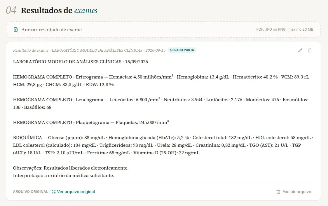 Cartão Resultado de exame no computador, com o selo Gerado por IA, os ícones de lápis e de lixeira à direita, os valores extraídos e a linha Arquivo original com Ver arquivo original