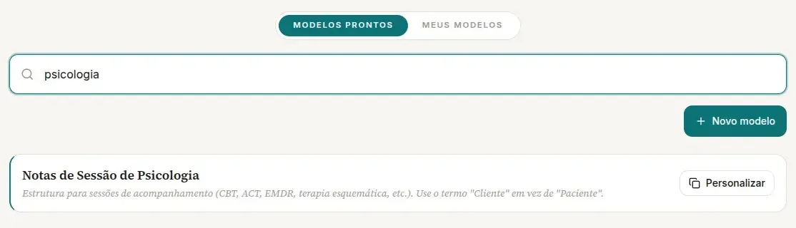 Aba Modelos Prontos com a busca psicologia e o cartão Notas de Sessão de Psicologia com o botão Personalizar
