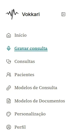 Menu lateral do app.vokkari.com com o item Gravar consulta selecionado