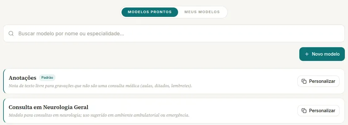 Página Modelos de Consulta no computador, na aba Modelos Prontos, com a busca, o botão Novo modelo e os cartões Anotações e Consulta em Neurologia Geral com o botão Personalizar