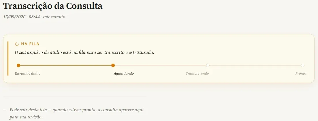 Página da consulta no computador com o cartão Na fila, a trilha Enviando áudio, Aguardando, Transcrevendo e Pronto e a linha Pode sair desta tela