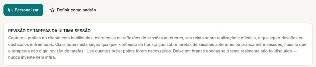 Modelo pronto aberto com os botões Personalizar e Definir como padrão acima da primeira seção