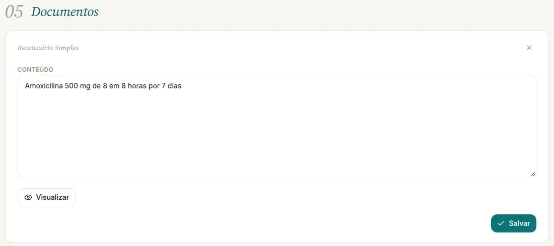 Editor do Receituário Simples na seção Documentos do app.vokkari.com, com o campo Conteúdo preenchido e os botões Visualizar e Salvar