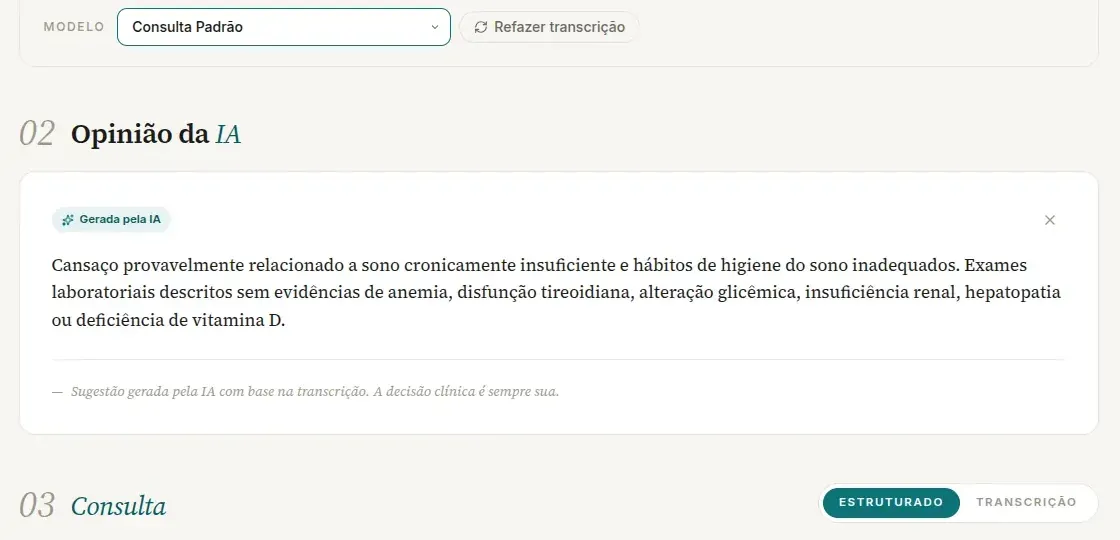 Página da consulta no computador com a seção Opinião da IA entre o bloco do áudio e a seção Consulta, mostrando o selo Gerada pela IA, o X, o texto da hipótese e o aviso no rodapé do cartão