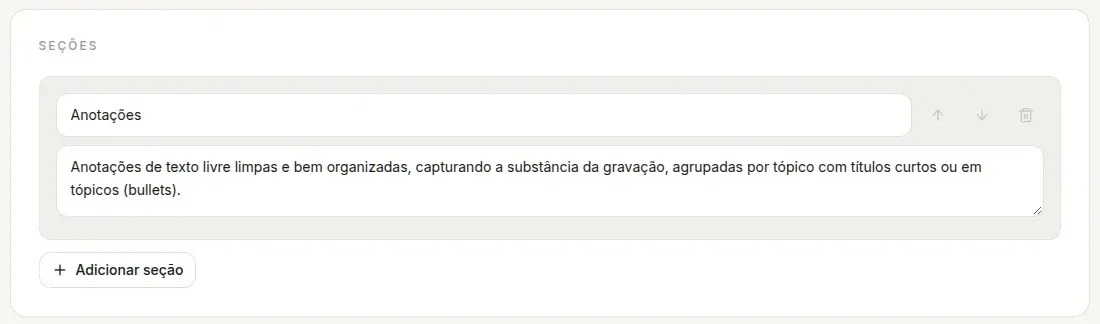 Bloco Seções do editor de modelo no computador, com o título Anotações, as instruções da seção, as setas, a lixeira e o botão Adicionar seção