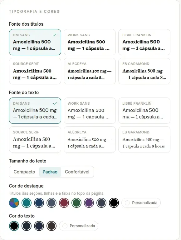 Bloco Tipografia e cores no computador, com as seis fontes em Fonte dos títulos e Fonte do texto, o Tamanho do texto com Compacto, Padrão e Confortável, as cores de Cor de destaque e Cor do texto e os botões Personalizada