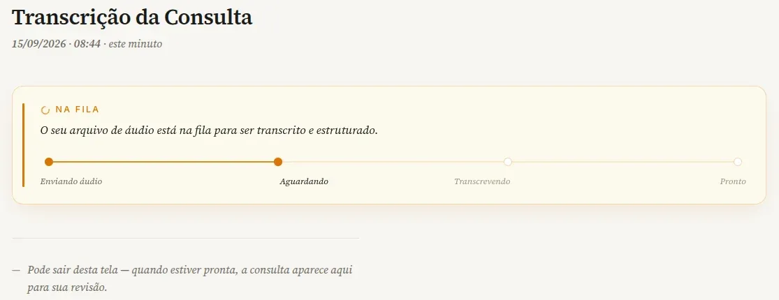 Página da consulta com o cartão Na fila e as etapas Enviando áudio, Aguardando, Transcrevendo e Pronto