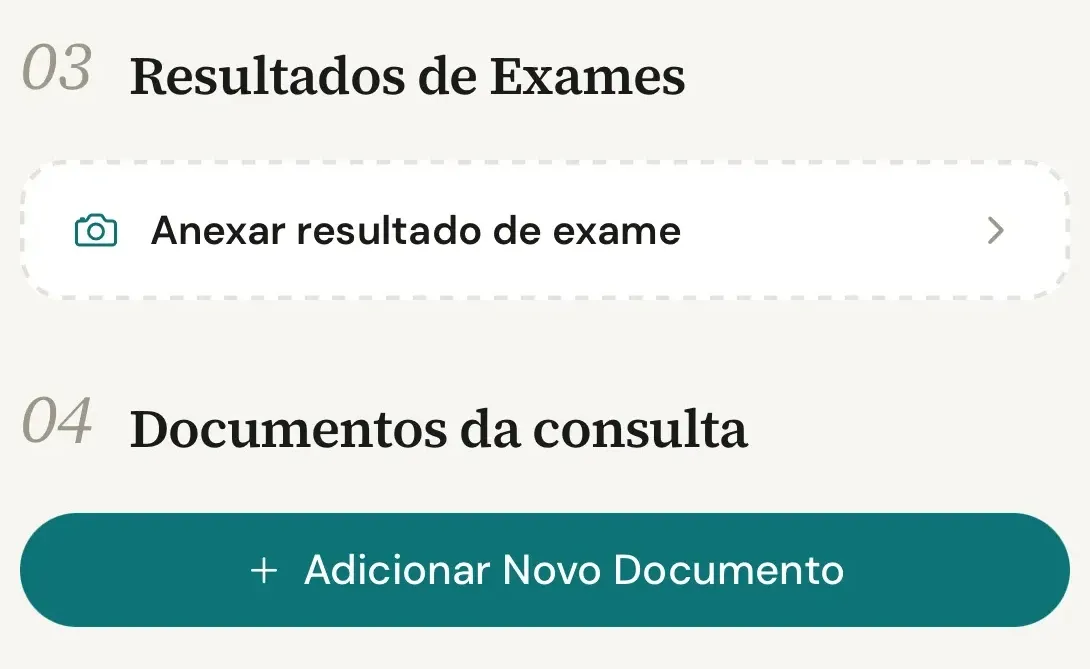 Seções Resultados de Exames e Documentos da consulta no celular, com o botão Adicionar Novo Documento