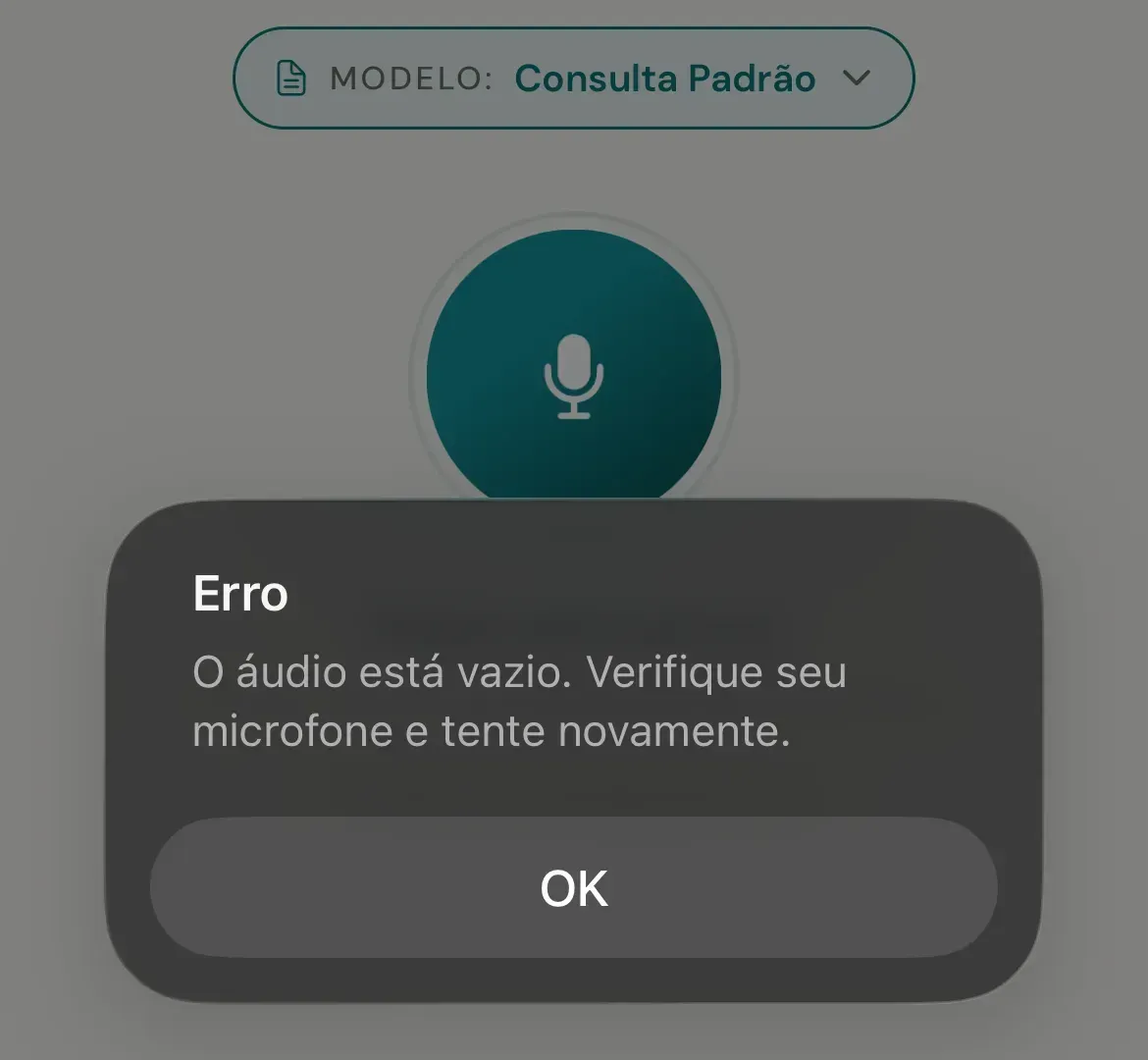 Tela Gravar e Transcrever Consulta com o alerta Erro, o texto O áudio está vazio. Verifique seu microfone e tente novamente e o botão OK, sobre o botão do microfone