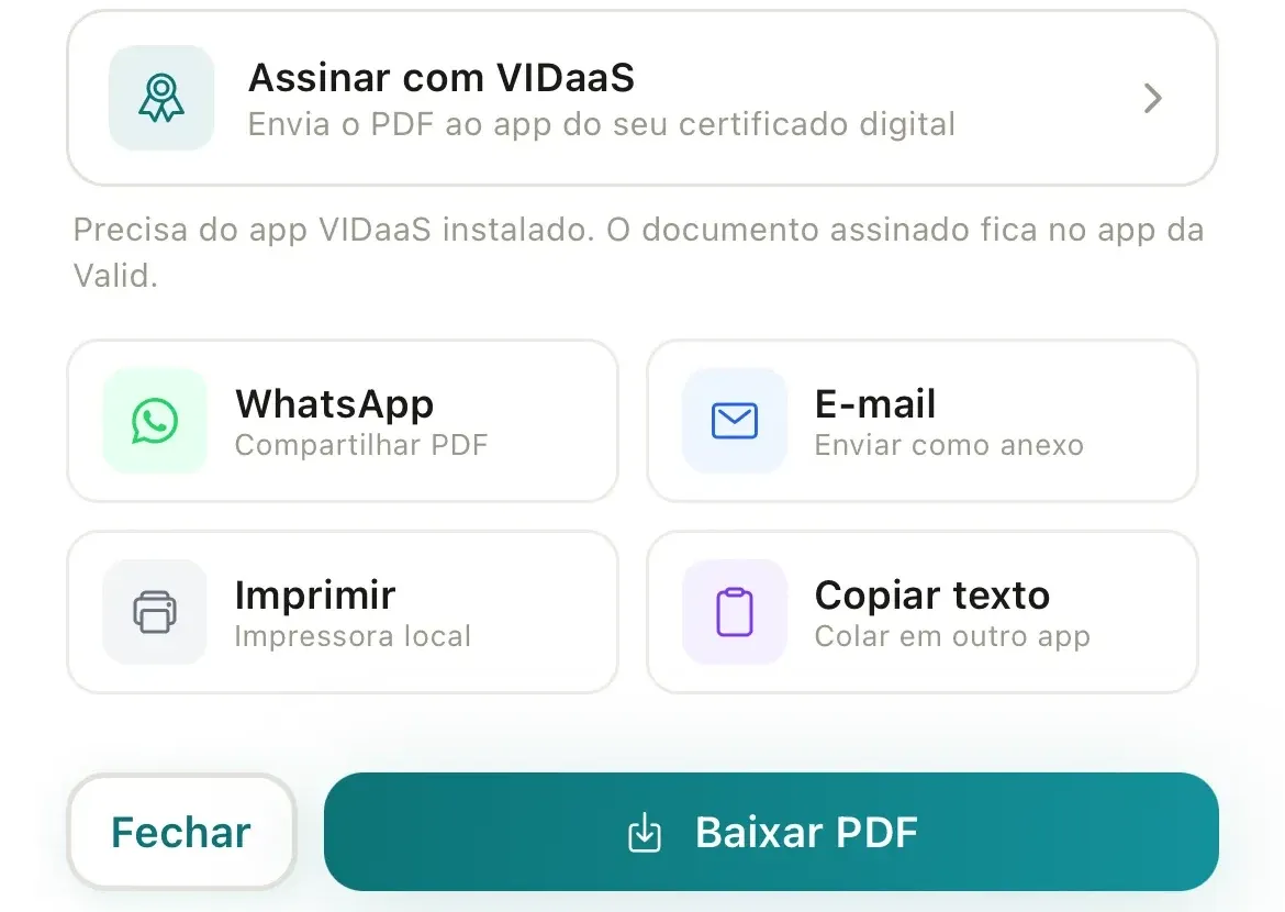 Fim da folha Pré-visualização do PDF no celular, com o cartão Assinar com VIDaaS, os canais WhatsApp, E-mail, Imprimir e Copiar texto e os botões Fechar e Baixar PDF