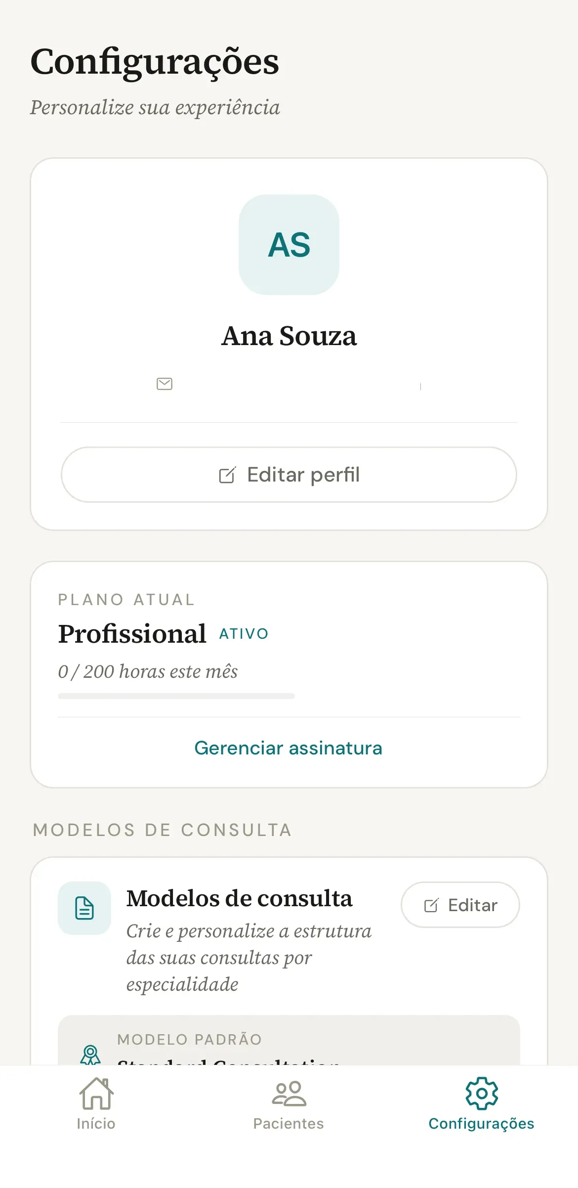 Tela Configurações do app, com o cartão do perfil de Ana Souza e o botão Editar perfil