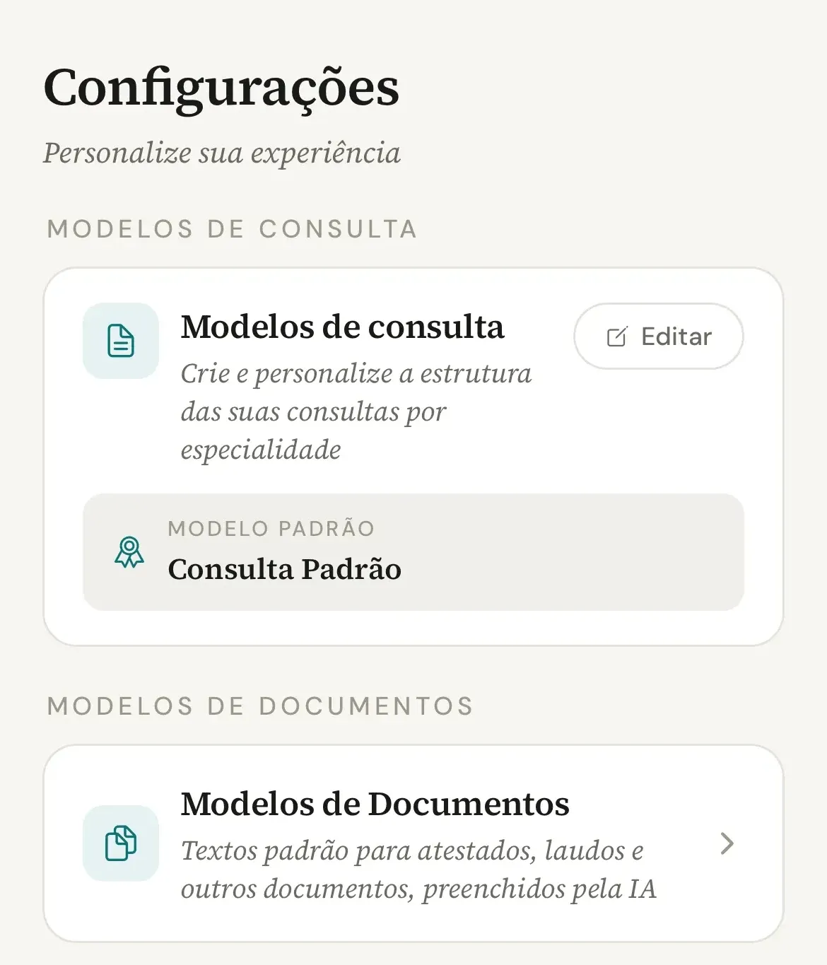 Tela Configurações do app, com as seções Modelos de Consulta e Modelos de Documentos e o cartão Modelos de Documentos
