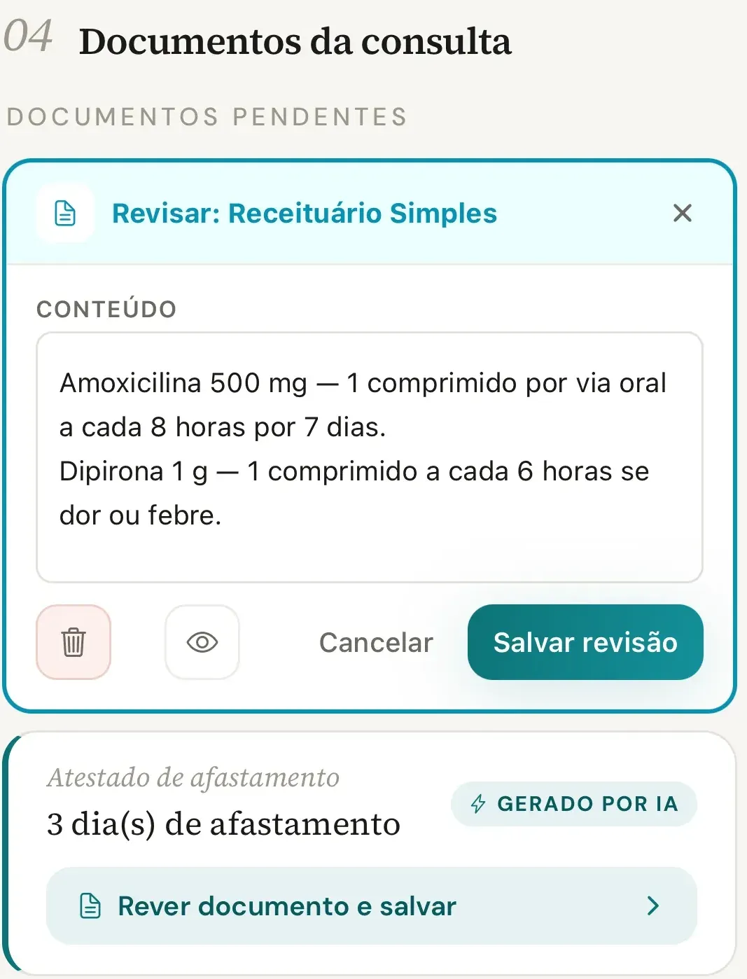 Editor Revisar: Receituário Simples aberto em Documentos Pendentes no celular, com o campo Conteúdo com dois medicamentos, um por linha, e os botões Cancelar e Salvar revisão