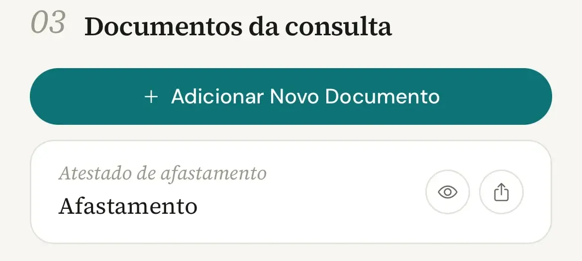 Seção Documentos da consulta com o botão Adicionar Novo Documento e o cartão Atestado de afastamento, com os ícones de olho e de compartilhar