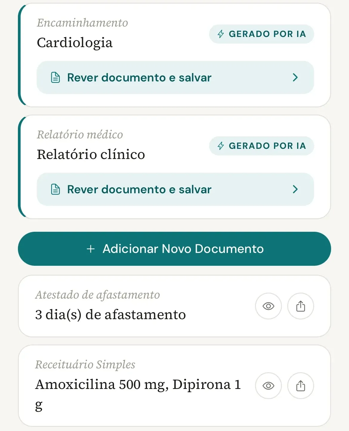 Seção Documentos da consulta no celular, com dois rascunhos pendentes, o botão Adicionar Novo Documento e dois documentos salvos com os ícones de olho e de compartilhar