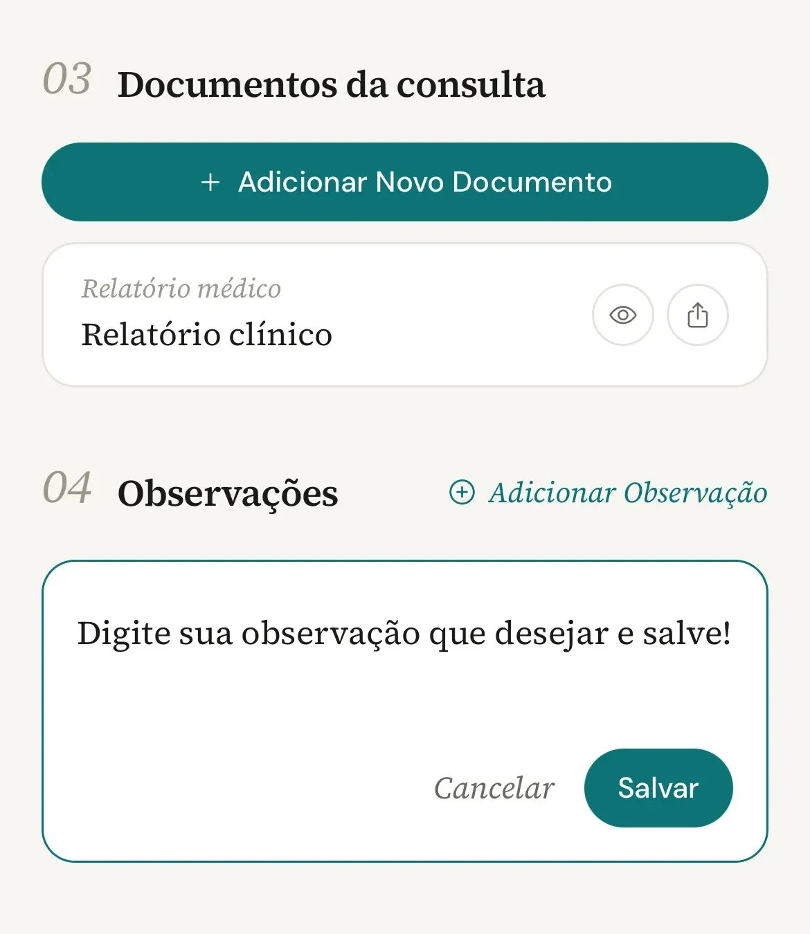 Cartão de observação no celular com um texto digitado e o botão Salvar ativo, ao lado de Cancelar