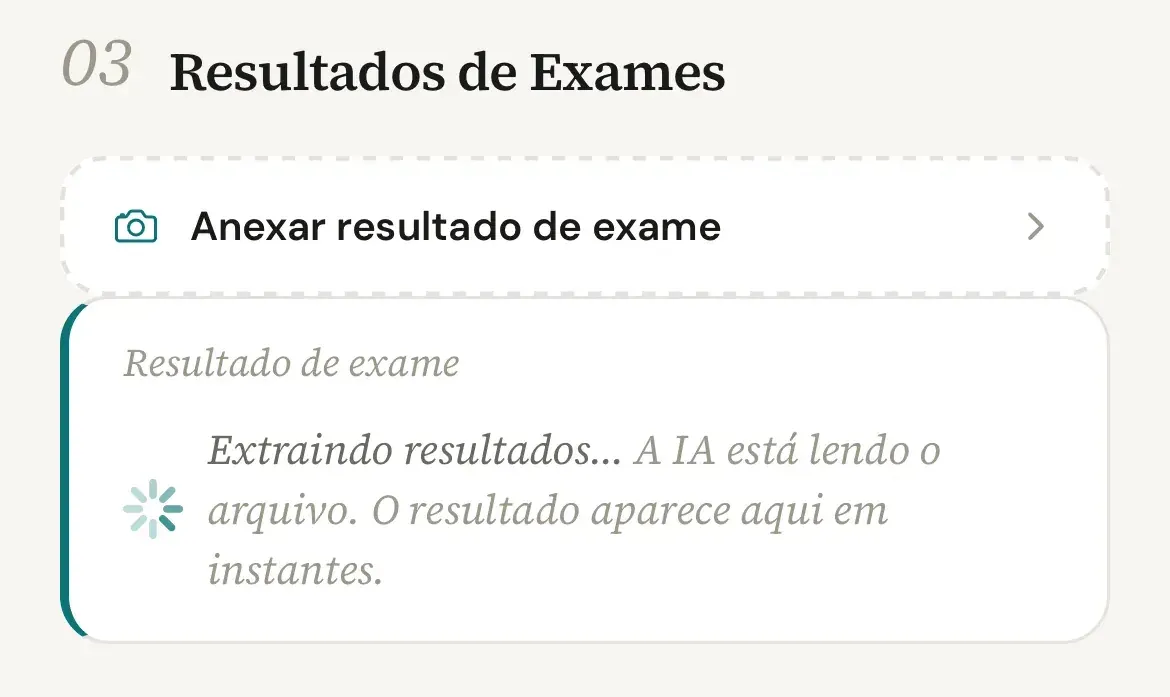 Seção Resultados de Exames com o cartão Resultado de exame em Extraindo resultados… e o aviso A IA está lendo o arquivo