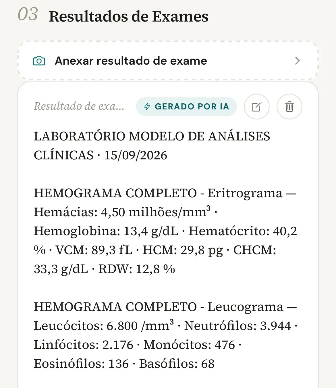 Cartão Resultado de exame no celular, com o selo Gerado por IA, o ícone de lápis e o ícone de lixeira no alto, acima dos valores extraídos