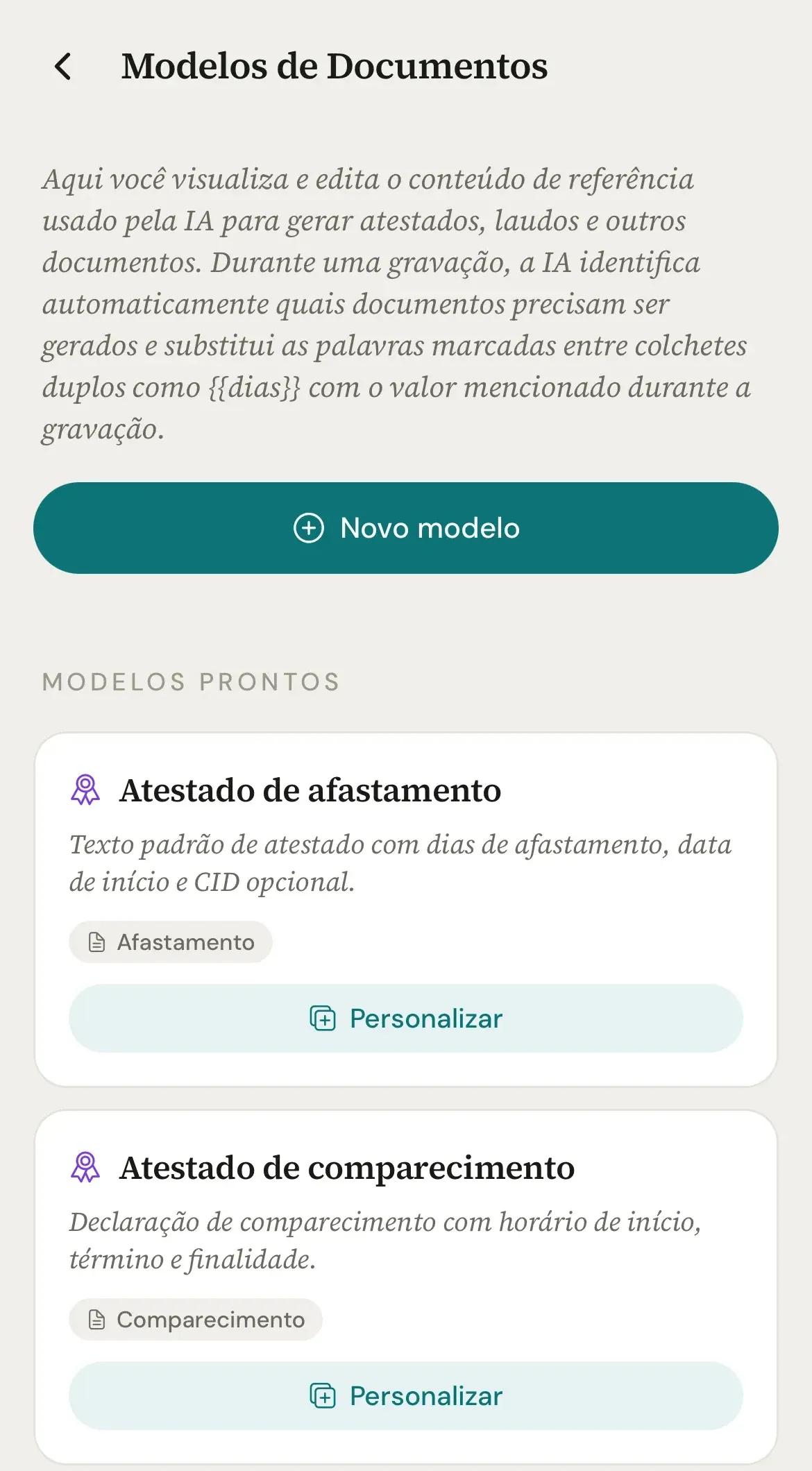 Tela Modelos de Documentos com o botão Novo modelo e a lista Modelos Prontos, cada modelo com o botão Personalizar