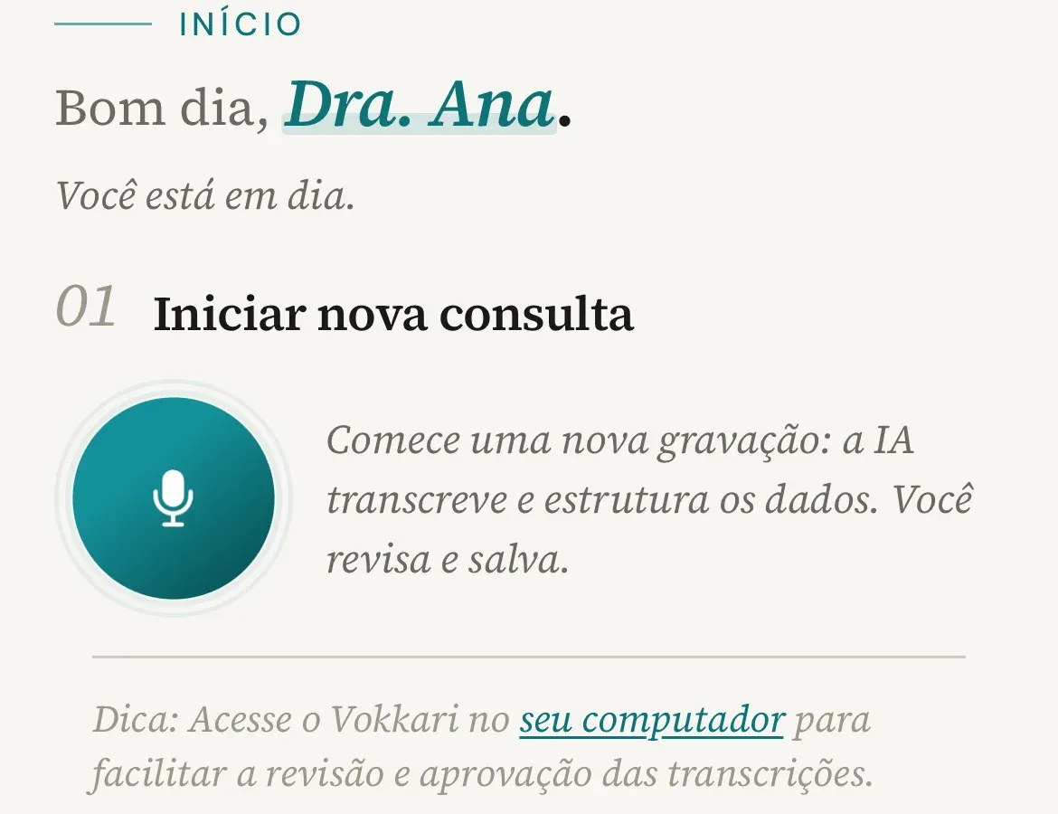 Tela inicial do app com a seção Iniciar nova consulta e o botão do microfone