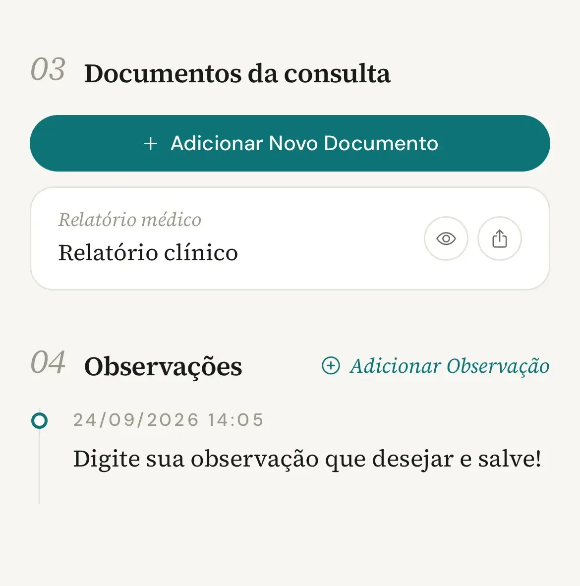Seção Observações no celular com uma observação salva, a data e a hora acima do texto e o botão Adicionar Observação no título
