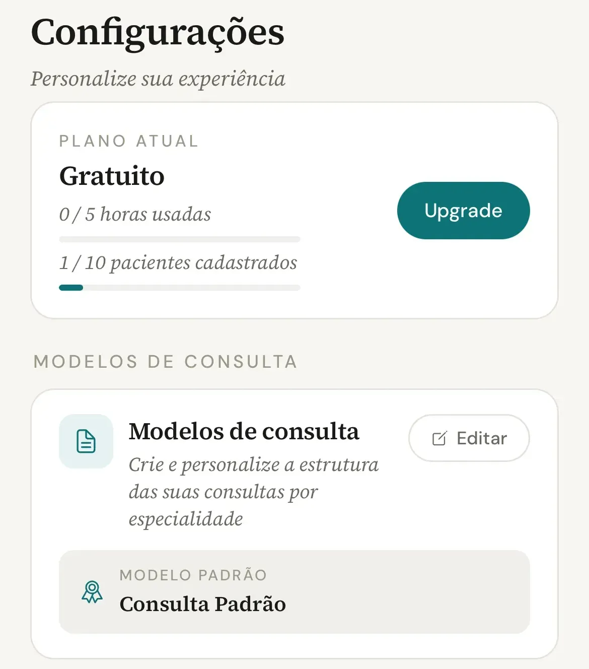 Aba Configurações do app com o cartão Plano atual no plano Gratuito, o uso de horas e de pacientes e o botão Upgrade