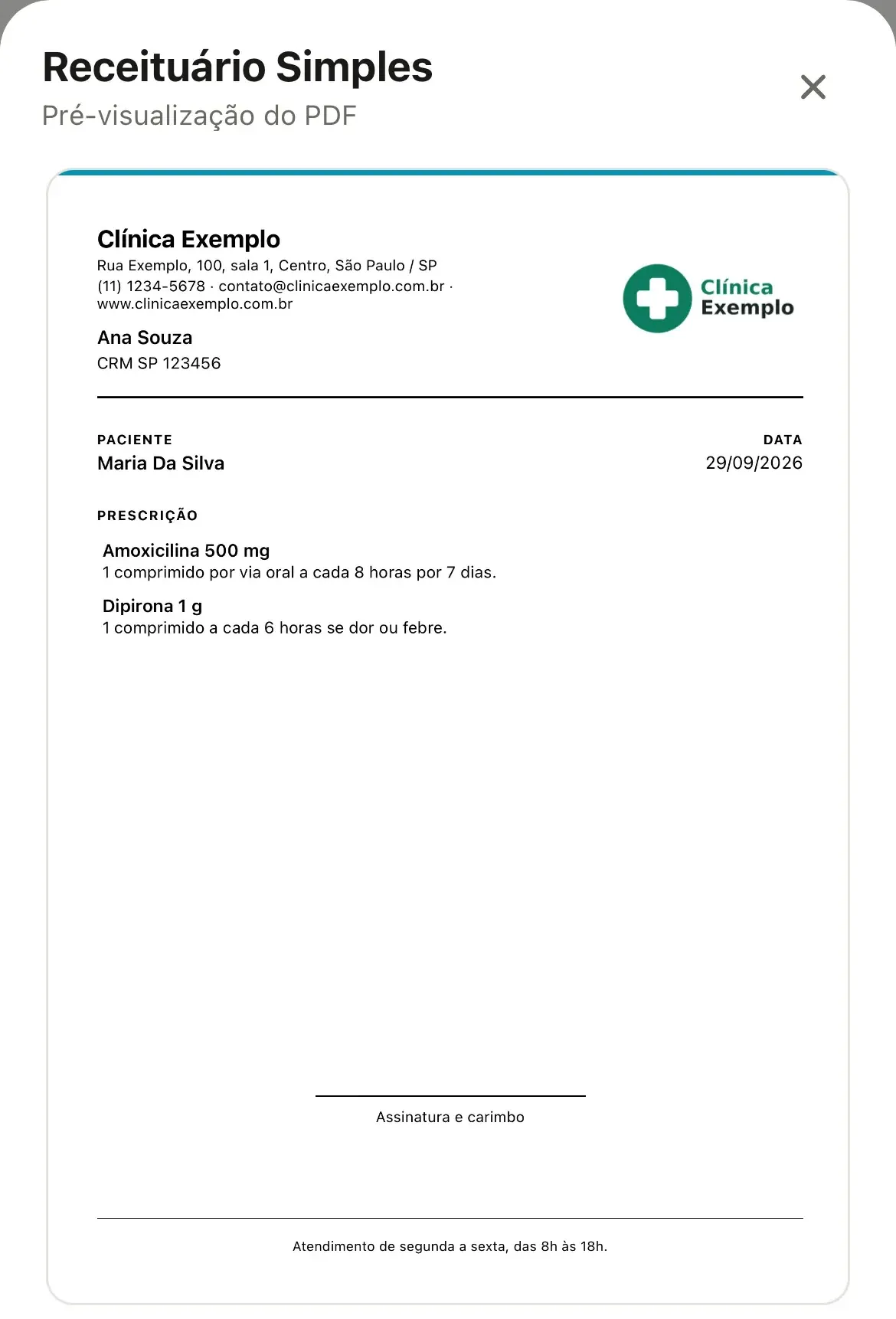 Folha Pré-visualização do PDF de um Receituário Simples no celular, com o cabeçalho da Clínica Exemplo, o nome e o CRM da médica, a paciente, a data, a prescrição e a linha Assinatura e carimbo