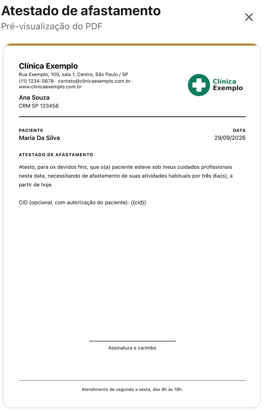 Pré-visualização do PDF do Atestado de afastamento no celular, com o cabeçalho da Clínica Exemplo, o nome da médica e o CRM, o(a) paciente, a data, o texto do atestado, a linha Assinatura e carimbo e o rodapé