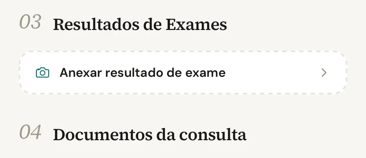 Seção Resultados de Exames da consulta, com a faixa Anexar resultado de exame logo acima do título Documentos da consulta
