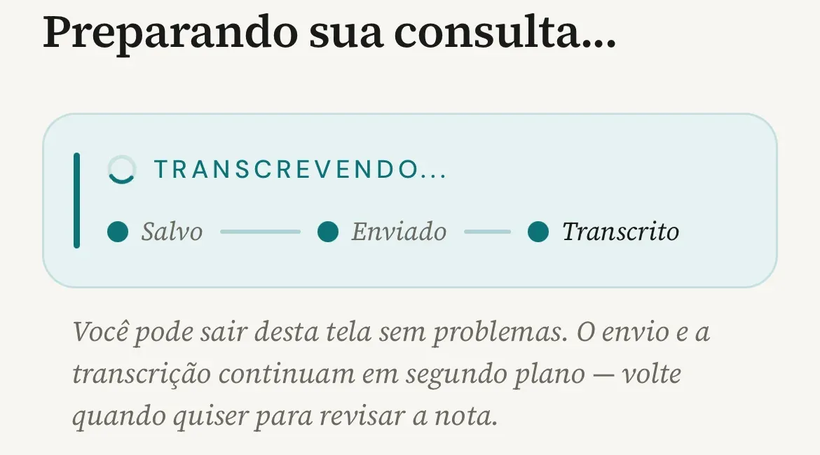 Tela Preparando sua consulta com as etapas Salvo, Enviado e Transcrito