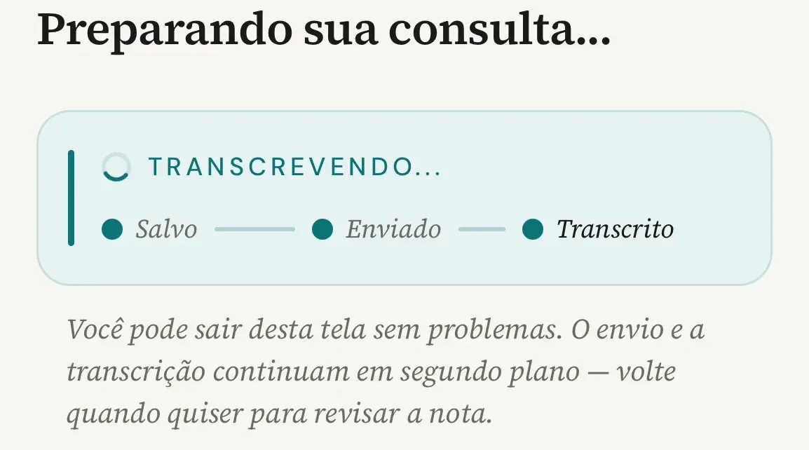Tela Preparando sua consulta com o cartão Transcrevendo, as três etapas marcadas e a mensagem de que você pode sair da tela