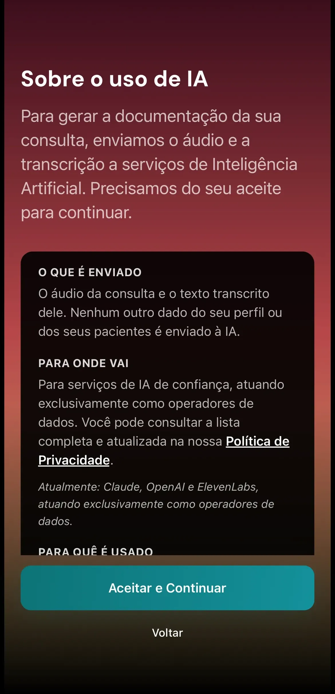Tela Sobre o uso de IA, com as seções O que é enviado e Para onde vai e o botão Aceitar e Continuar