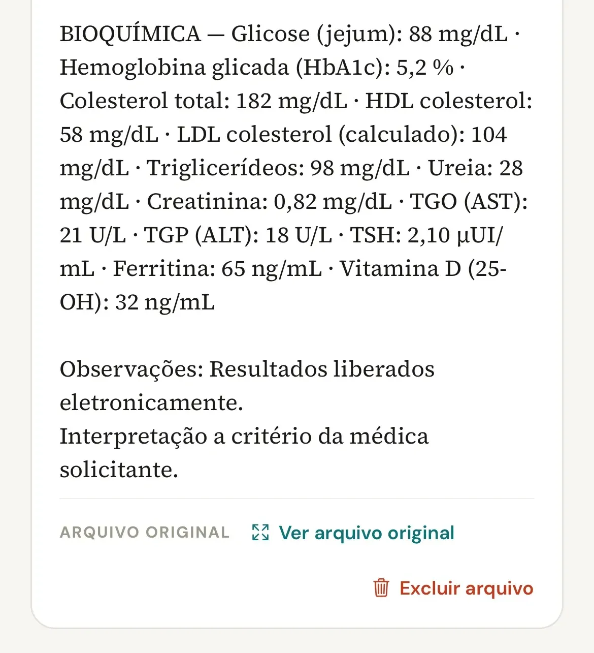 Fim do cartão Resultado de exame no celular, com os valores extraídos e, abaixo, a linha Arquivo original com Ver arquivo original e Excluir arquivo