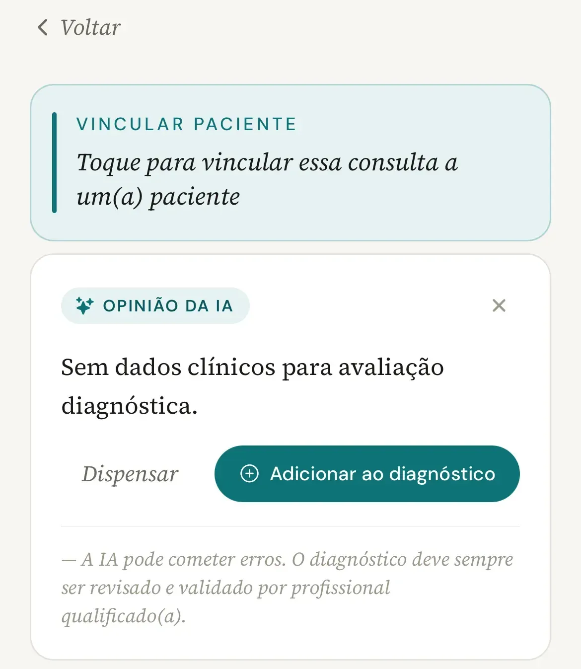 Consulta em edição no celular com a faixa Vincular Paciente no alto, com o aviso Toque para vincular essa consulta a um(a) paciente, acima do cartão Opinião da IA
