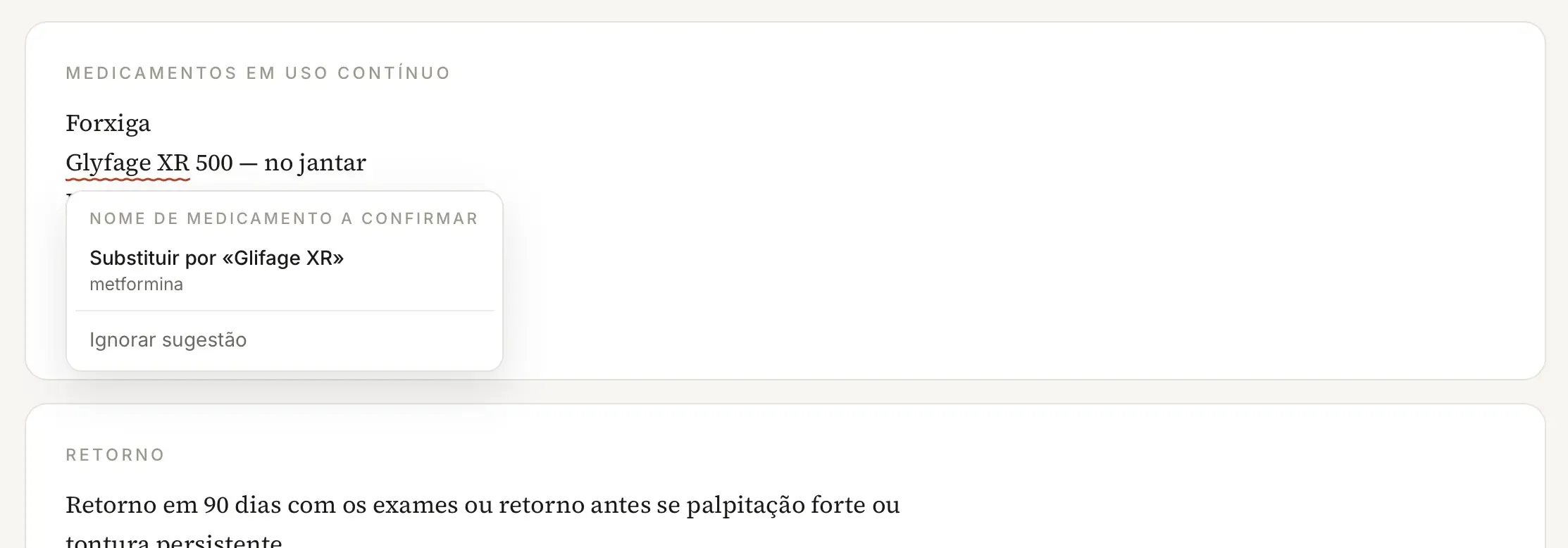 Menu Nome de medicamento a confirmar aberto sobre Glyfage XR 500 no computador, com a opção Substituir por «Glifage XR», o princípio ativo metformina e a ação Ignorar sugestão